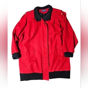 Vintage Herman Kay Wool Blend Red Coat Women 12 Gold Buttons 80s Heritage Ribbed